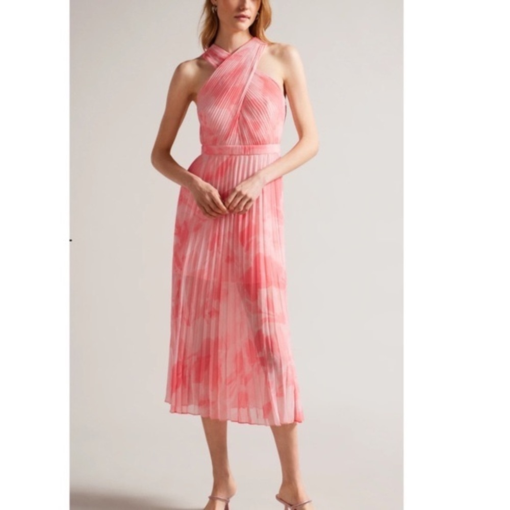 NWT TED BAKER MIRELIA  CROSS FRONT HALTER PLEATED MIDI DRESS SZ 10 US / TED SZ 4